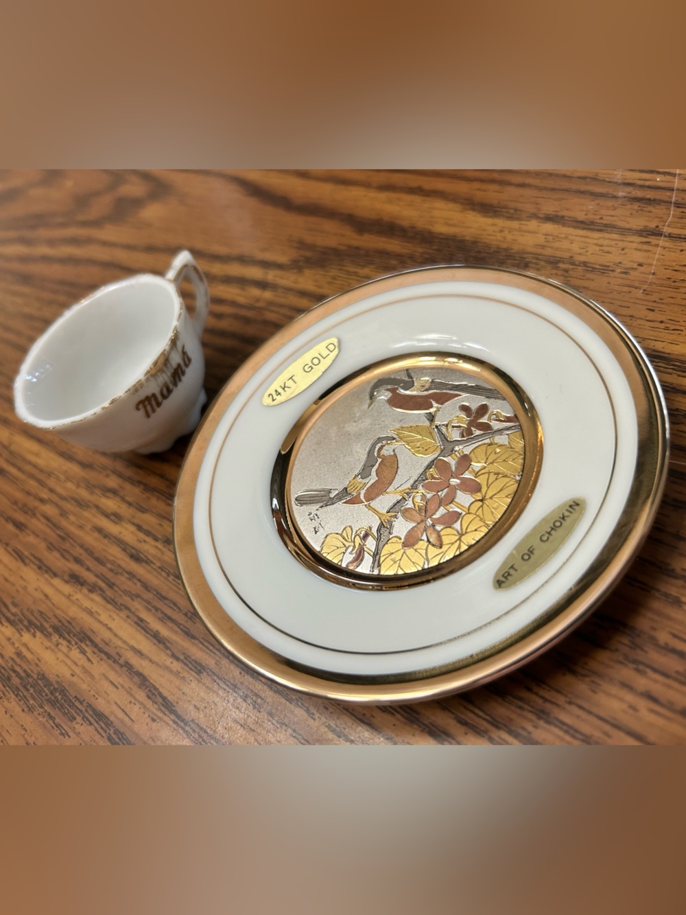 Art of Chokin Birds Feeding Among the Branches Trimmed in 24KT Gold 4” Vintage